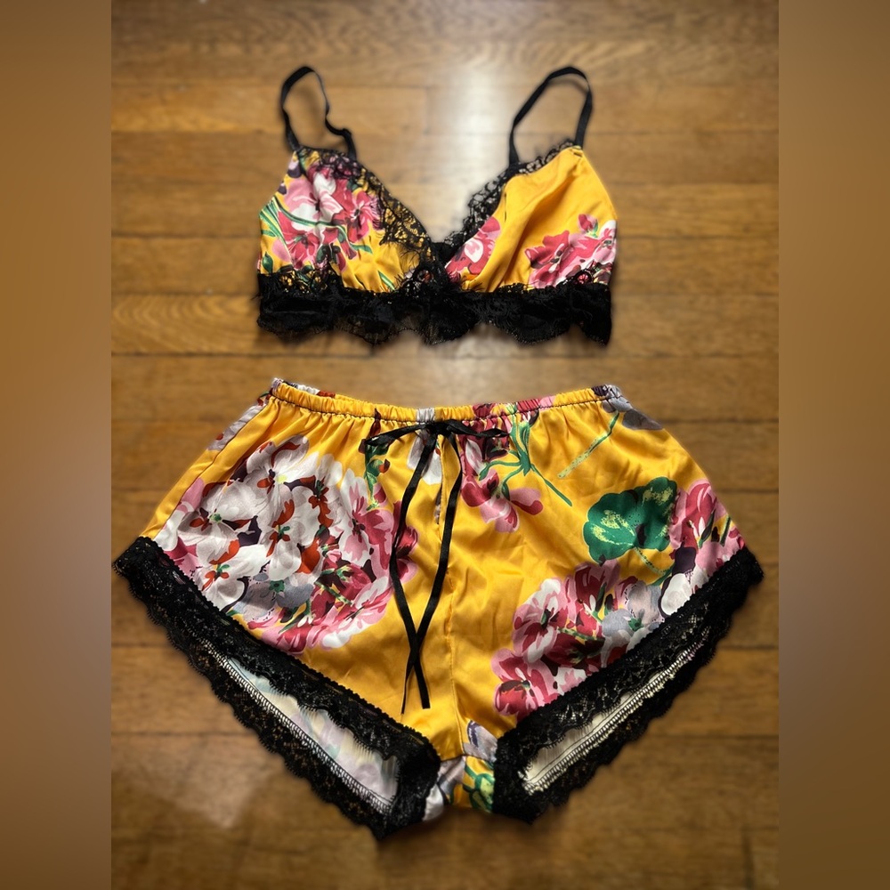 Women's Yellow Floral Satin Lace Bralette & Short Sleep Set